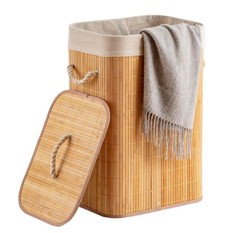 Imagen de Canasto  rectangular para ropa de bambú forrada