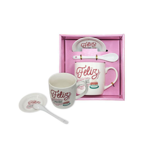 Imagen de Taza en cerámica Con plato y cuchara - Diseño Feliz Cumpleaños