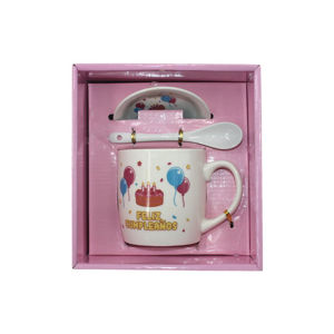 Imagen de Taza en cerámica Con plato y cuchara - Diseño Feliz Cumpleaños