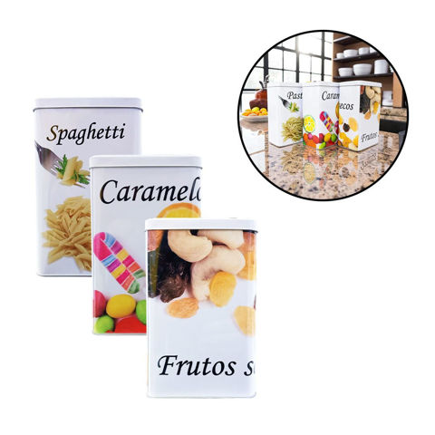 Imagen de Tarro Lata en metal con tapa estampado para cocina -Diseños surtidos.