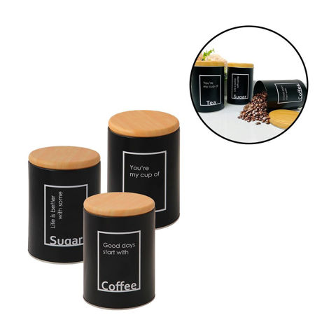 Imagen de Tarro Lata redonda en metal negro con tapa marrón-  Diseños surtidos.