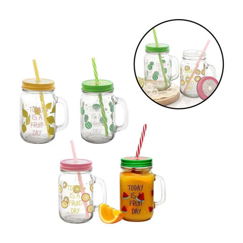 Imagen de Frasco Jarro de vidrio con tapa y sorbito - Estampado 450ml