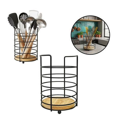 Imagen de Porta cubiertos en metal y base de bamboo