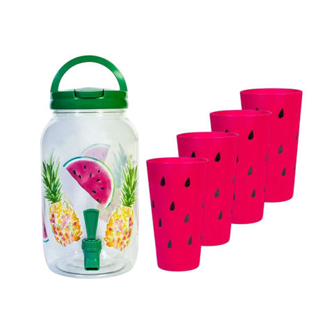 Imagen de Botella Frasco Dispensador Jugo con canilla y tapa Estampado + 4 vasos