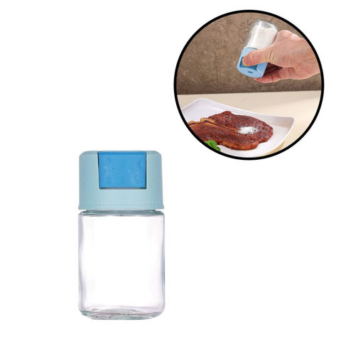 Imagen de Salero de vidrio tapa color con boton dispensador