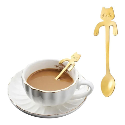 Imagen de Cuchara cucharita té o café Diseño gato para colgar en el borde de la taza - Acero Inox